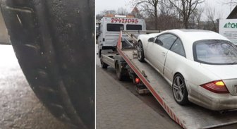 Foto: Bauskā policija atņem numurzīmes 'Mercedes' ar 'plikām' vasaras riepām