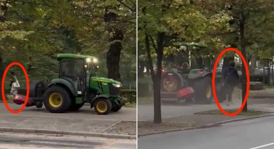Video: Pa ietvi Rīgā traktorists brauc ātri un gružus pūš garāmgājējiem