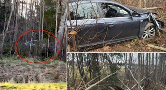 Foto: Pie Tīnūžiem 'Audi' pārlidojis grāvi un mežā nogāzis vairākus kokus