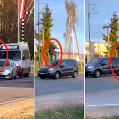 Video: Valdlaučos vīrietis kāpj uz braucošu automašīnu jumta
